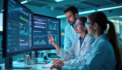Scientist team analyzes visual data on computer screens in modern lab. Researchers discuss graphs, charts, indicating teamwork, innovation in scientific study. Focus on collaboration, discovery in