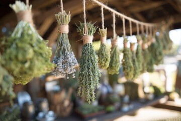 Hanging Herb Bunches in Rustic Barn for Natural Drying Process.