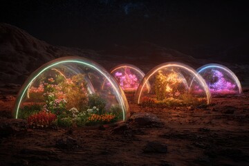 Futuristic Domes Illuminate Lush Gardens on Mars Under Starry Night Sky.