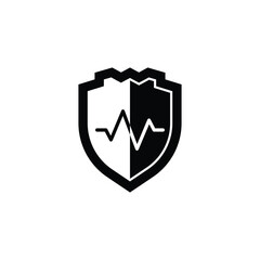 Vector illustration of a shield icon with a heartbeat line symbol in the center, designed in a clean black and white style. This emblem represents protection, security, health care, medical safety, an