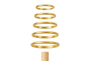 Five shiny golden rings stacked with a wooden peg isolated on transparent background.