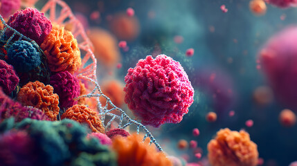 Vibrant Microscopic Biology with DNA Helix and Textured Cellular Forms