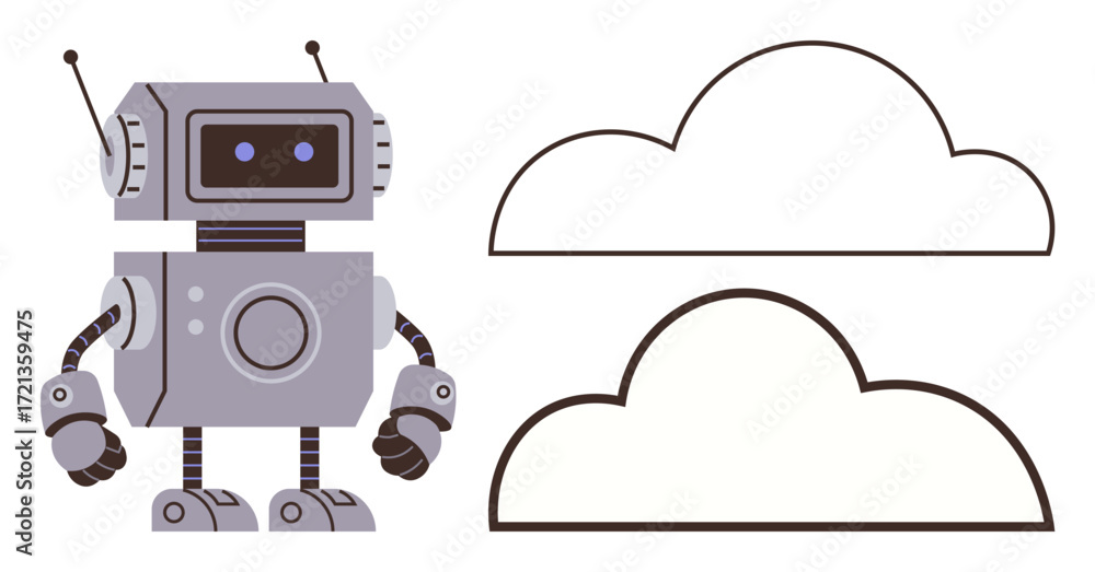 Poster robot with expressive eyes and mechanical body next to outlined clouds. ideal for ai, technology, in