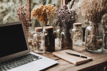 Rustic Workstation with Dried Flowers, Laptop, and Notebook on Wooden Desk.