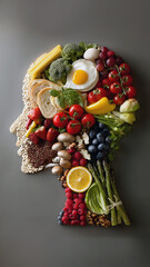 Brain Food Concept with Healthy Ingredients Arranged in Human Head Silhouette