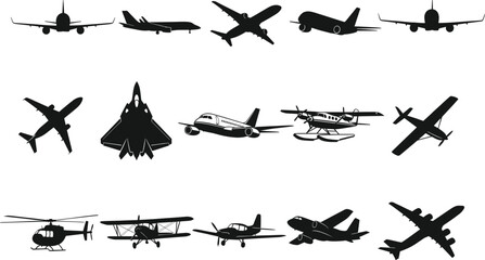 Aircraft silhouette vector set, commercial airplane, military jet, helicopter, biplane, seaplane, aviation icon, flight graphic, transportation, editable illustration