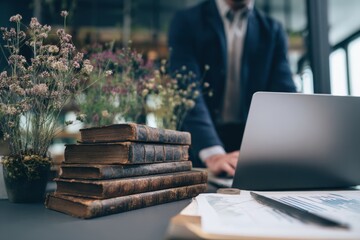 Businessman Working Amidst Vintage Books and Flowers in Modern Office.