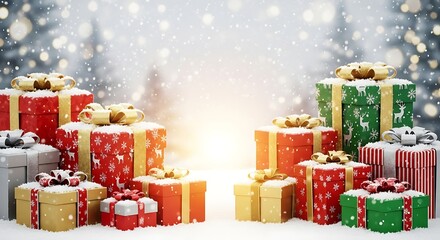 Pile of christmas gifts with snow falling in a winter wonderland, creating a magical and festive scene for the holiday season