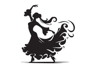 flamenco dancer logo silhouette vector, woman  flamenco dress dancing vector silhouette, flamenco dance silhouette vector, traditional flamenco dancer logo silhouettes vector on white background