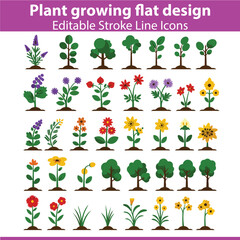 Plant Growing Flat Design Set 1 &ndash; Eco Friendly Vector Illustrations of Seedlings, Saplings, Watering, and Green Growth Icons
