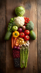 Human body silhouette made of fresh colorful vegetables and legumes on a rustic wooden background