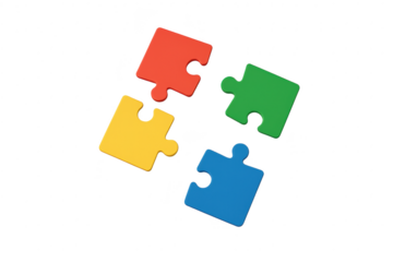 Four colorful puzzle pieces isolated on transparent background, vibrant 3D render