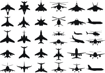 Aircraft silhouette vector set, military jet, commercial plane, helicopter icons, aviation grid, top view, editable, black, isolated, collection