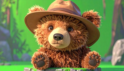 Cute bear in a hat, lush green background