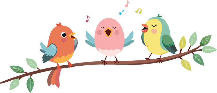 Three colorful birds perched on a branch, singing joyfully in a bright, sunny environment.
