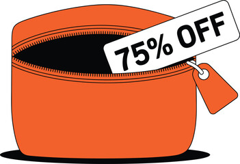 Orange pouch with a seventy five percent off tag