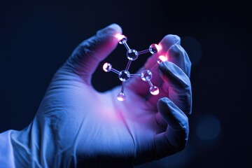 Scientist Hand Holding Molecular Model Illuminated by Neon Lights in Laboratory.