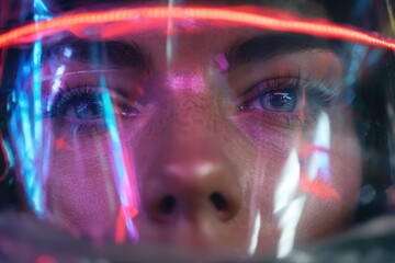 Futuristic Astronaut Visor Reflecting Neon Lights Close-Up Portrait in Space.