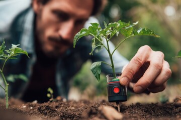 Man Using Soil Sensor for Tomato Plant Care in Garden for Sustainable Growth.