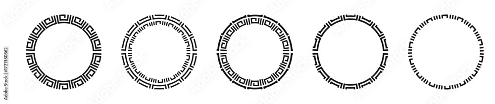 Poster set of five intricate geometric circle frames for creative design applications.