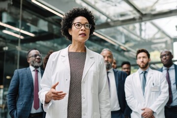 Confident Female Doctor Leading Diverse Medical Team in Modern Hospital.