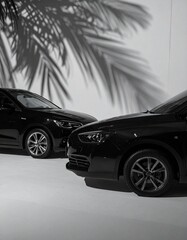 cars for display, car for middle class employee, palm leaves shadow