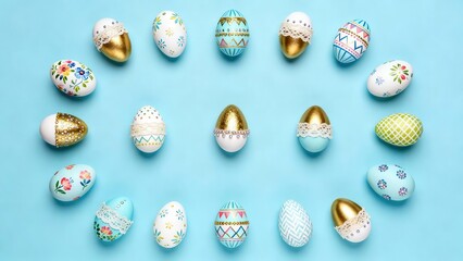 Delicate, painted Easter eggs arranged in a circle on a light blue background, showcasing various pastel designs and gold accents.