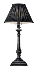 Elegant black table lamp with an ornate base and a patterned lampshade, isolated on a white background.