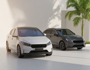 cars for display, car for middle class employee, palm leaves shadow