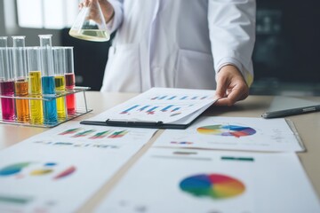 Scientist Analyzing Chemical Samples and Data Charts in Laboratory Setting.