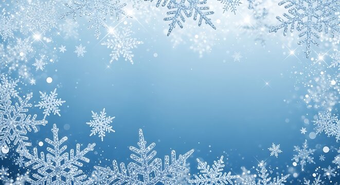 Magical winter background with sparkling snowflakes on a light blue backdrop, creating a festive and enchanting atmosphere for the holidays