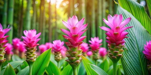 Vibrant Curcuma flowers in a lush green garden surrounded by tall bamboo stalks and vibrant pink petals