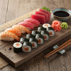 Traditional Japanese Sushi Set with Fresh Sashimi and Rolls