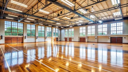 Spacious gymnasium with gleaming hardwood floors and large windows ideal for showcasing school events