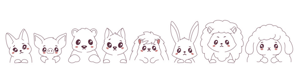 Charming cartoon animals in line art style, perfect for children's room decor and educational materials.