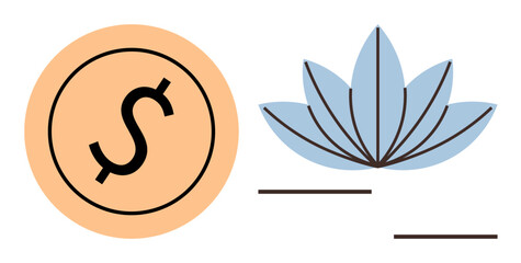 Dollar coin inside circular outline with lotus flower in soft blue tones. Ideal for finance, wellness, sustainability, balance, prosperity, mindfulness, holistic living. Modern and simple flat