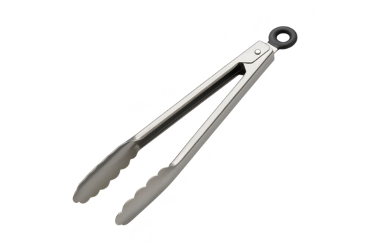 Stainless steel kitchen cooking tongs isolated on transparent background