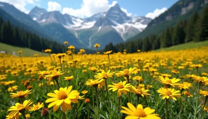 Expansive field of vibrant yellow arnica flowers under bright blue sky with fluffy clouds. Snow-capped mountains rise majestically in background, framed by rich green forest. Stunning natural