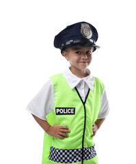 Choice of profession. Little girl in uniform pretending to be policewoman on white background