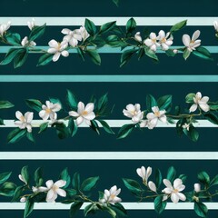 Elegant Floral Pattern with White Blossoms on Dark Teal Stripes Background.