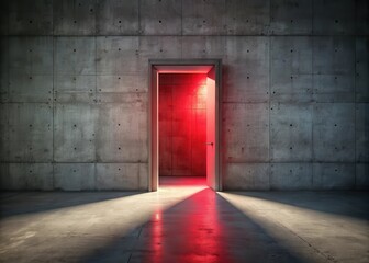 Fototapeta premium Empty concrete room with an open door revealing a red light