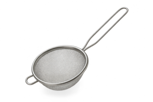 Bright stainless steel mesh kitchen sieve isolated on transparent background.