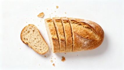 A loaf of sliced bread rests on a white surface, showcasing its golden-brown crust and the interior texture.