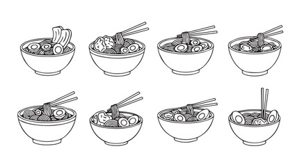 Collection of delicious asian noodle soup bowls with chopsticks and fresh toppings silhouette