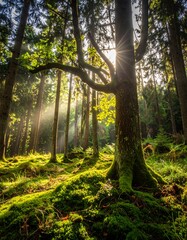 Fototapeta premium Sunlight streams through a mossy forest