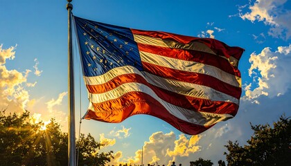 American flag waving in sunset
