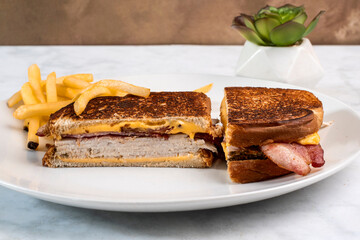 turkey bacon melt sandwich  with  a side of fries