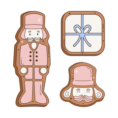 Pink nutcracker cookies vector illustration on a white background, cute Christmas holiday gingerbread with festive gift and sweet decoration design