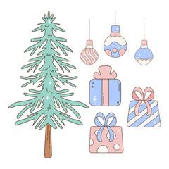 Christmas tree with gift boxes and ornaments illustration in pastel colors for holiday celebration decoration