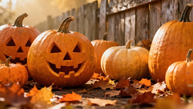 Group of carved pumpkins sit amongst autumnal leaves near a wooden fence, illuminated by warm sunlight. - Powered by Adobe